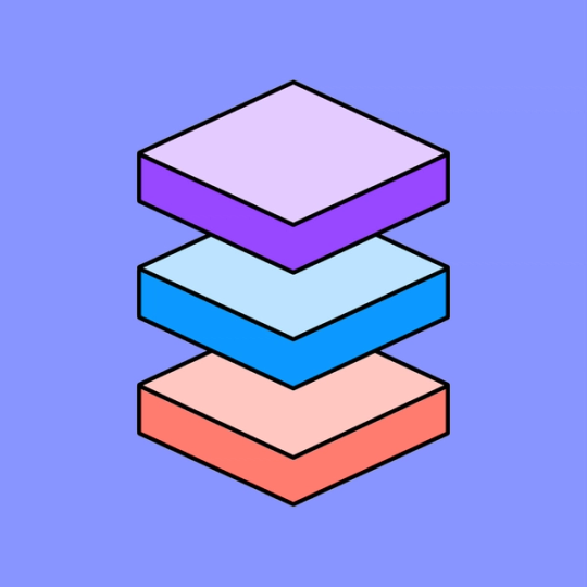 three purple, blue and red 3D squares stacked on top of each other