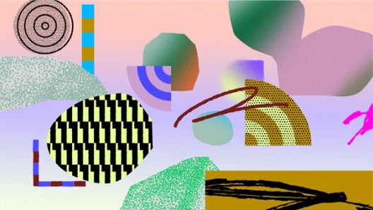 Abstrakte digitale Collage mit geometrischen Formen, Schachbrettmustern, konzentrischen Kreisen und Farbverläufen auf pastellfarbenem Hintergrund.