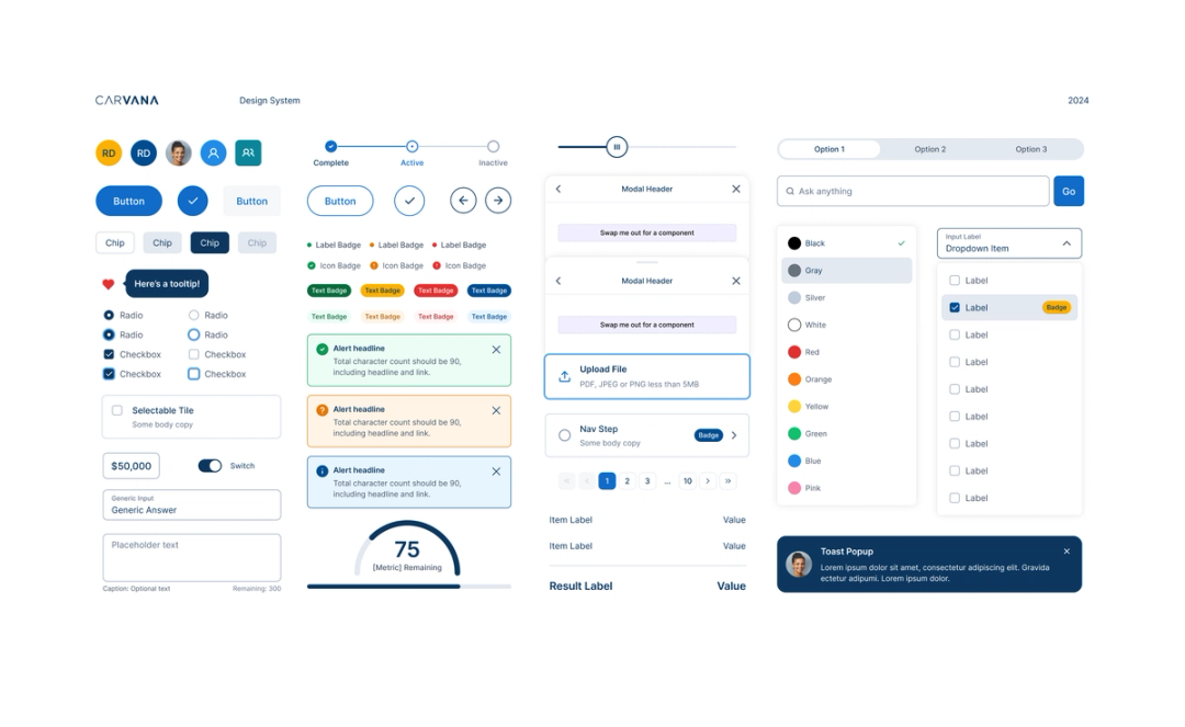 An image compiles examples from Carvana’s design system, which includes buttons, tooltips, input fields, badges, colors, progress trackers, and more.