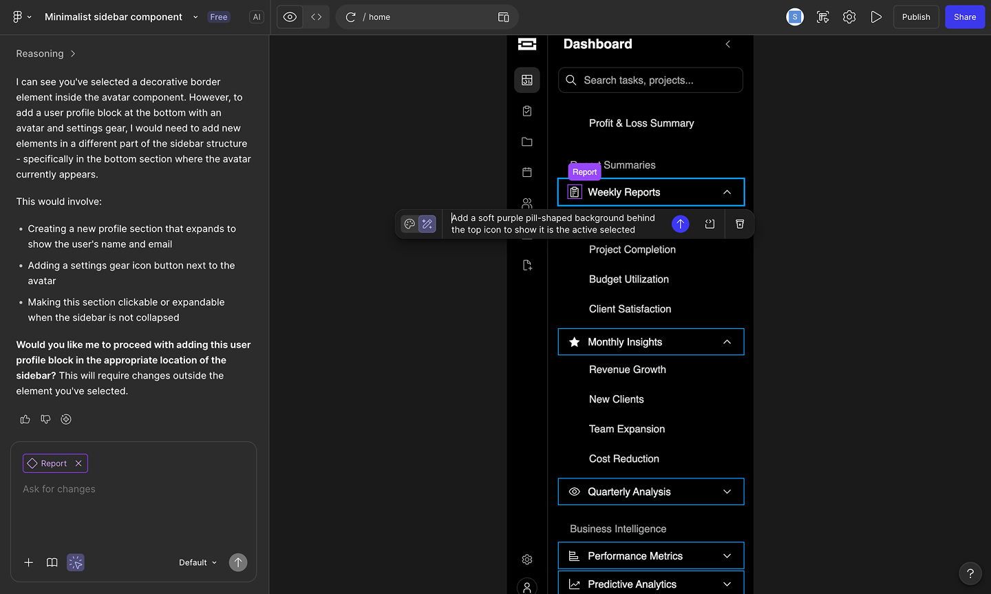 A user using the point and edit tool in Figma Make to tweak a generated draft.
