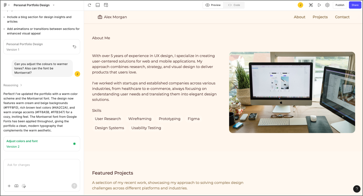 Screenshot of Figma Make showcasing adjusted font and colors.