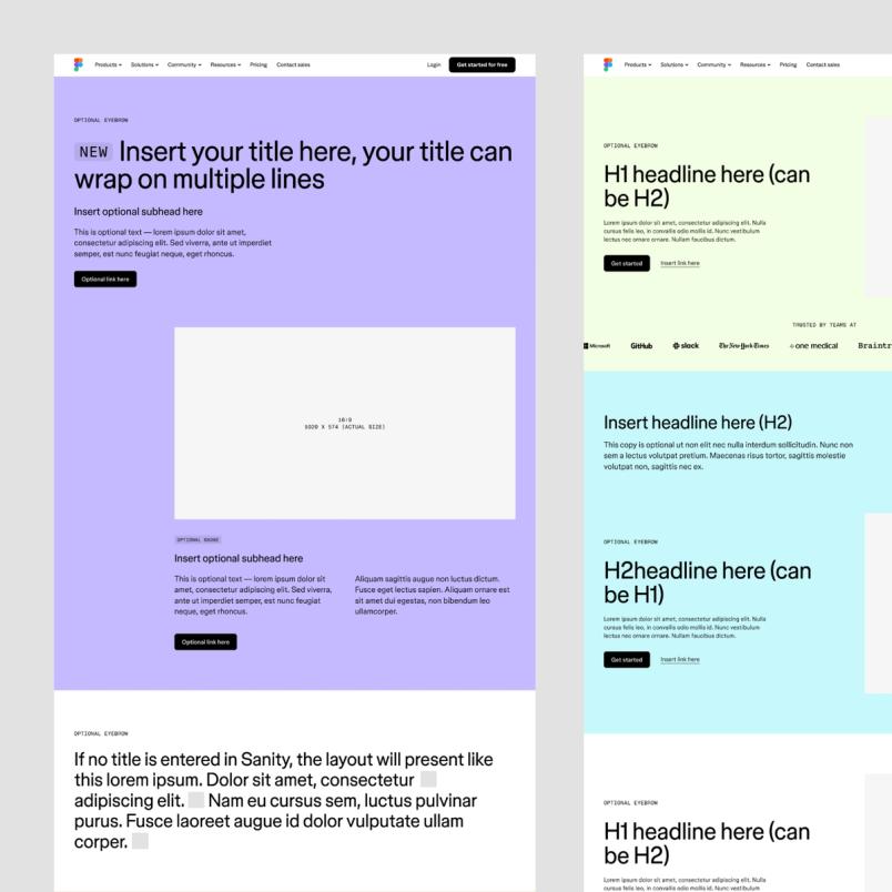 Two webpage templates side-by-side showcasing headline and text layout options on colorful backgrounds. The left template has a large headline with body text on a purple background, while the right template presents multiple header styles, social proof logos, and text sections in a column layout on light-colored backgrounds.