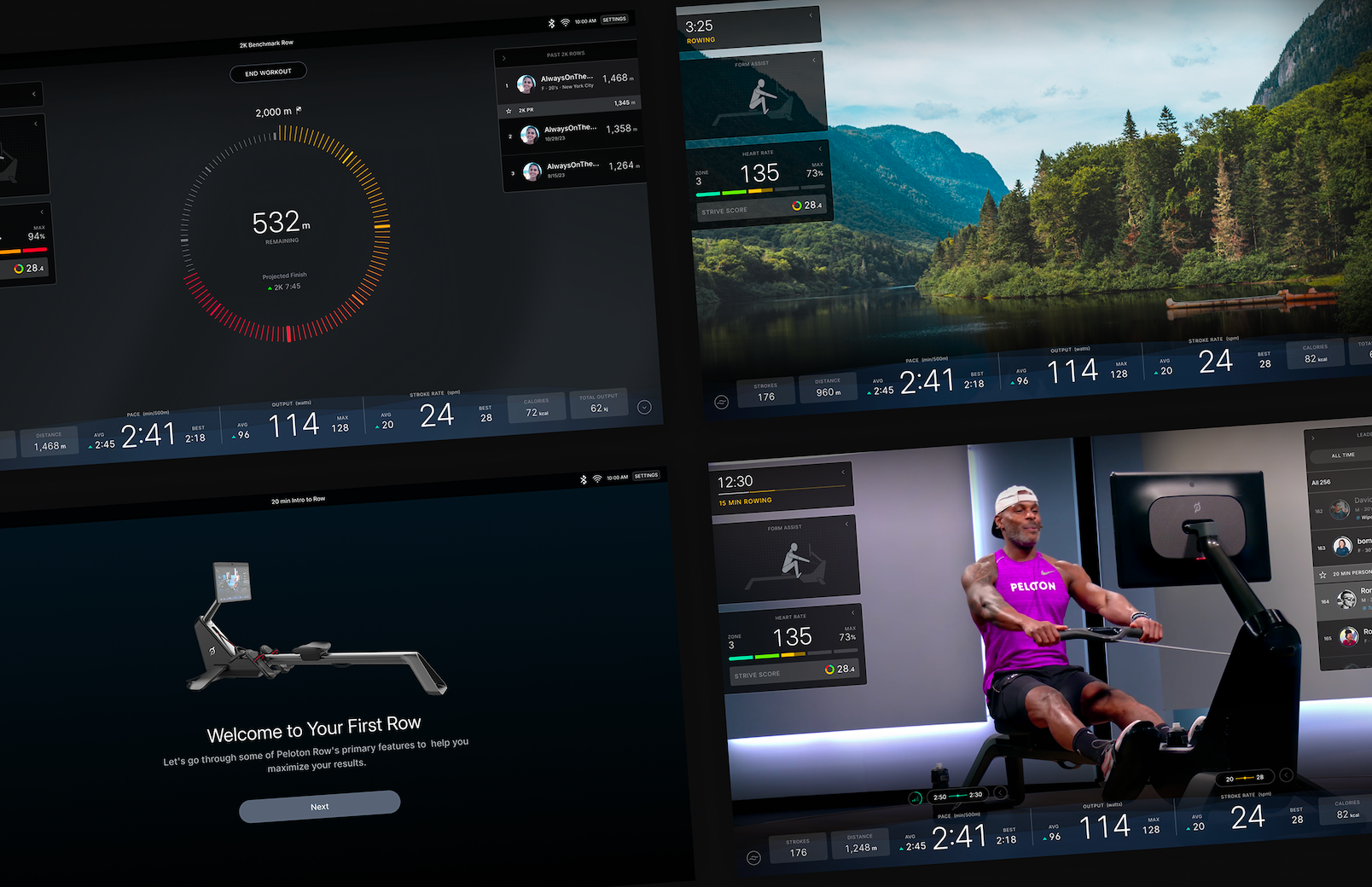 four screens showing various exercise information