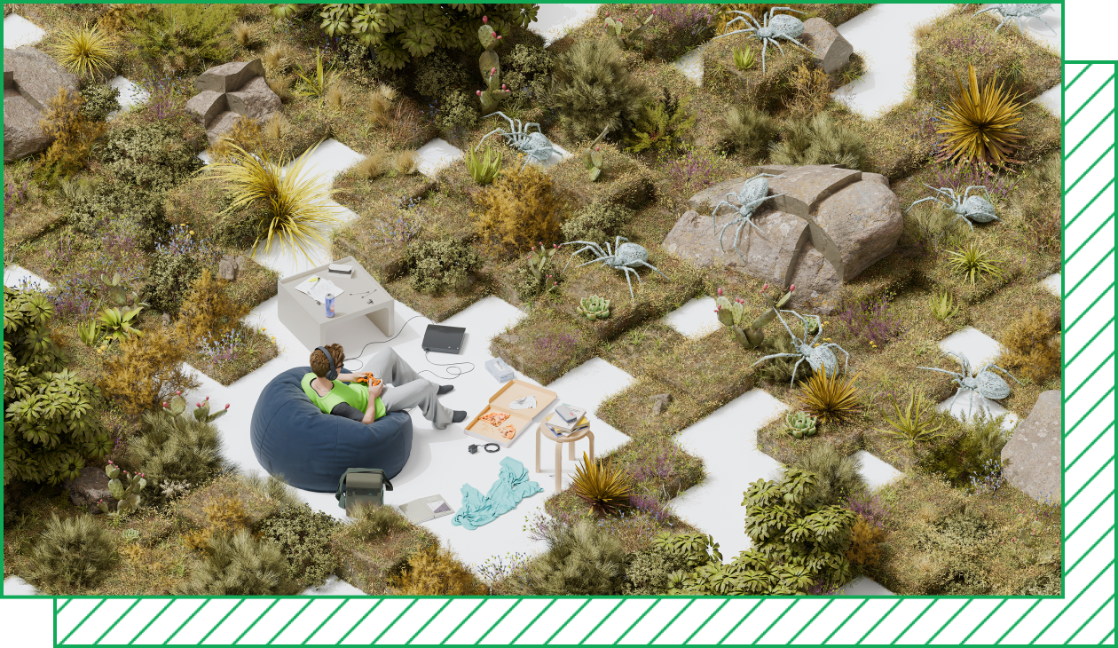 Person sits on beanbag playing video games in a surreal, gridded meadow landscape, facing oversized pale spiders with his furniture and belongings scattered around.