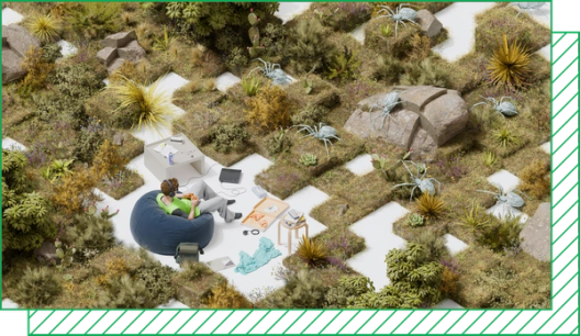 Person sits on beanbag playing video games in a surreal, gridded meadow landscape, facing oversized pale spiders with his furniture and belongings scattered around.