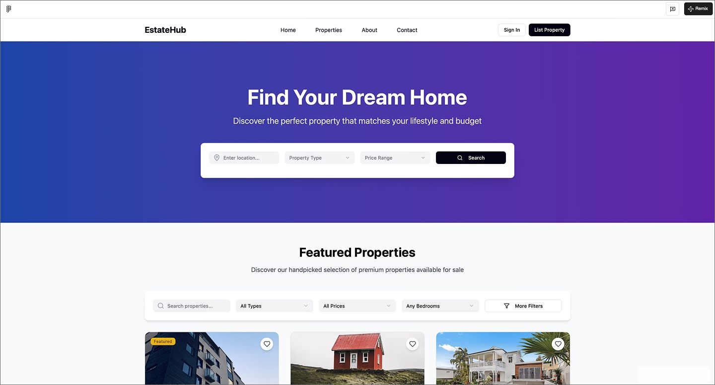 Screenshot of the real estate website created using Figma Make.