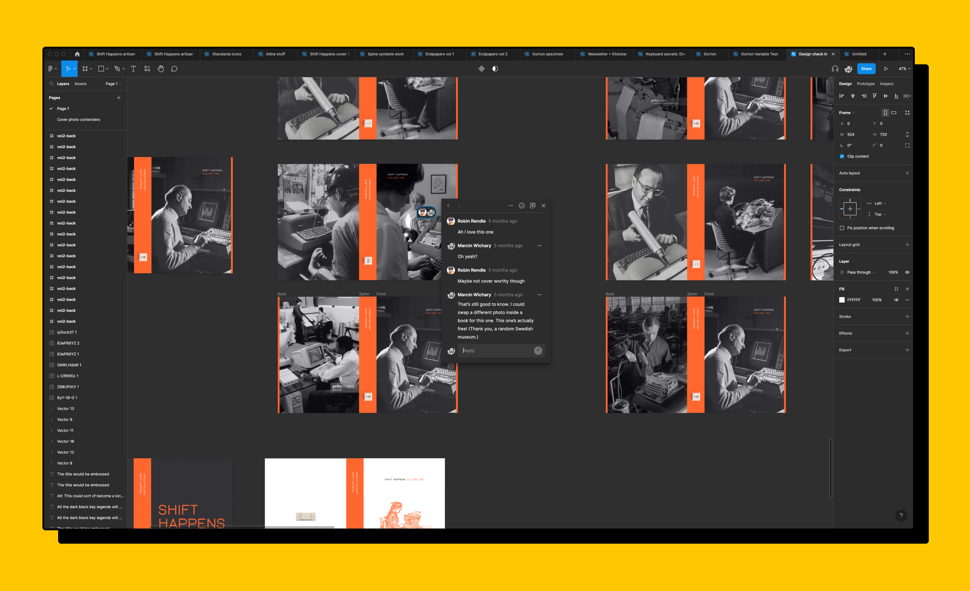 Screenshot of Figma showing various cover options and an open comment