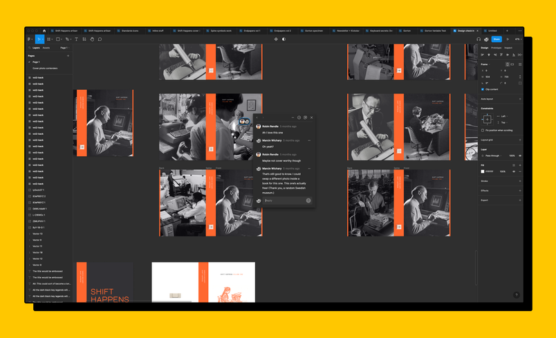 Screenshot of Figma showing various cover options and an open comment