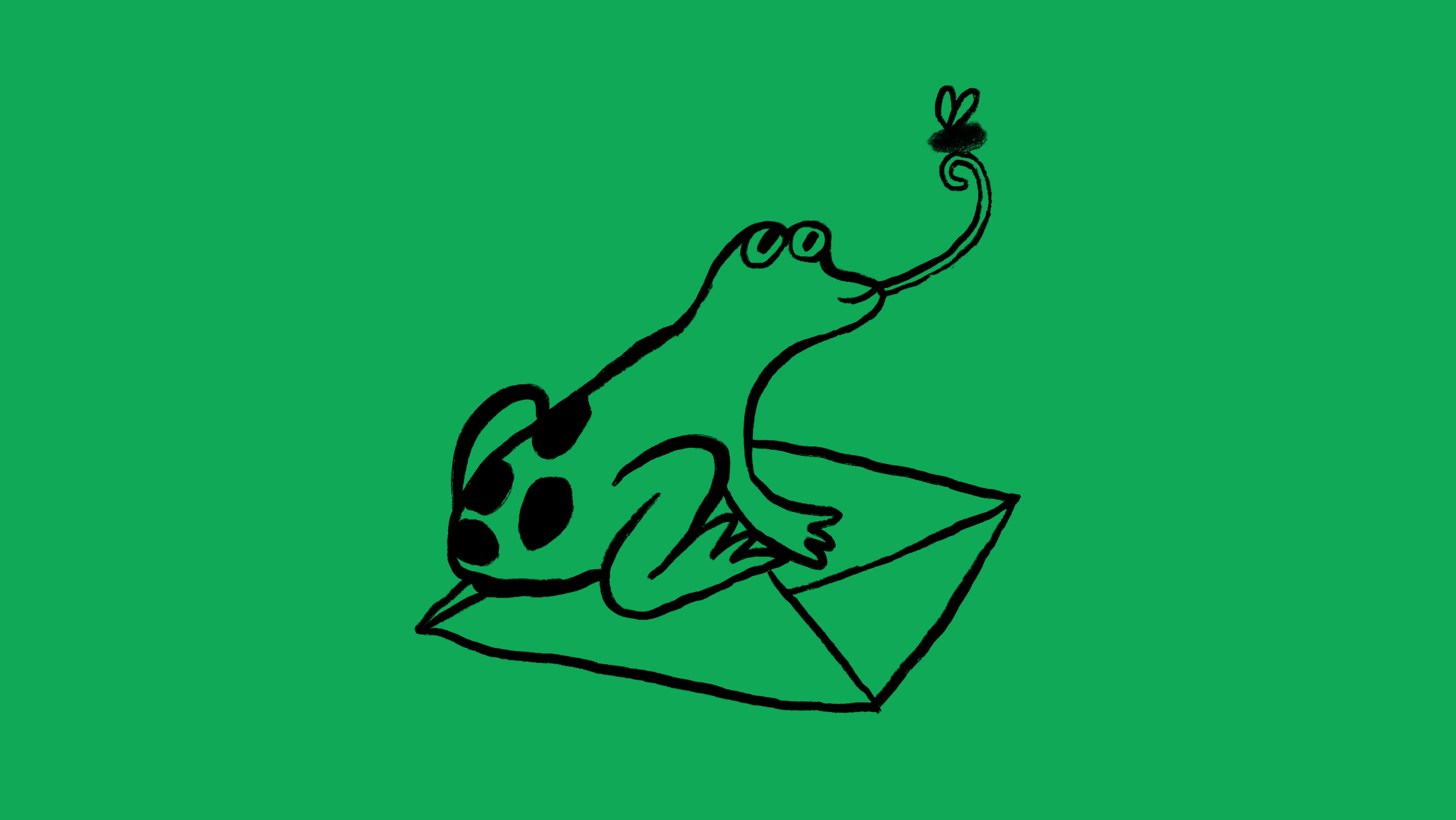 A frog sitting on an envelope catches a fly