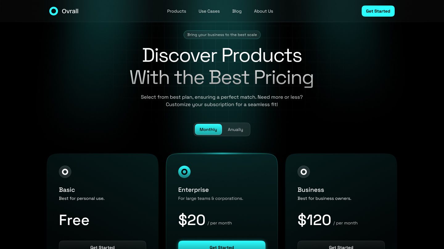 Dark-themed pricing page template with a glowing teal "Enterprise" plan card and matching "Get Started" buttons.