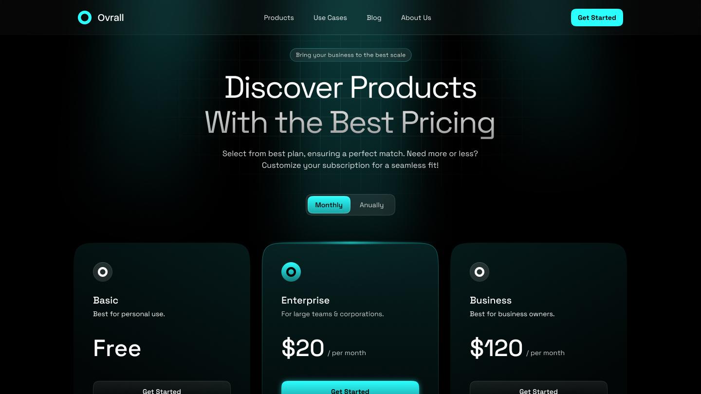 Dark-themed pricing page template with a glowing teal "Enterprise" plan card and matching "Get Started" buttons.