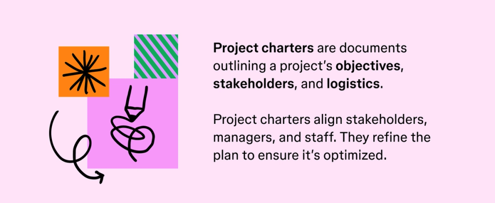 Definition of a project charter displayed alongside an abstract illustration symbolizing teamwork and planning