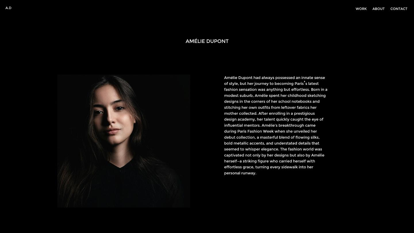 A minimalist about us page for a model, with her photograph set against a black background