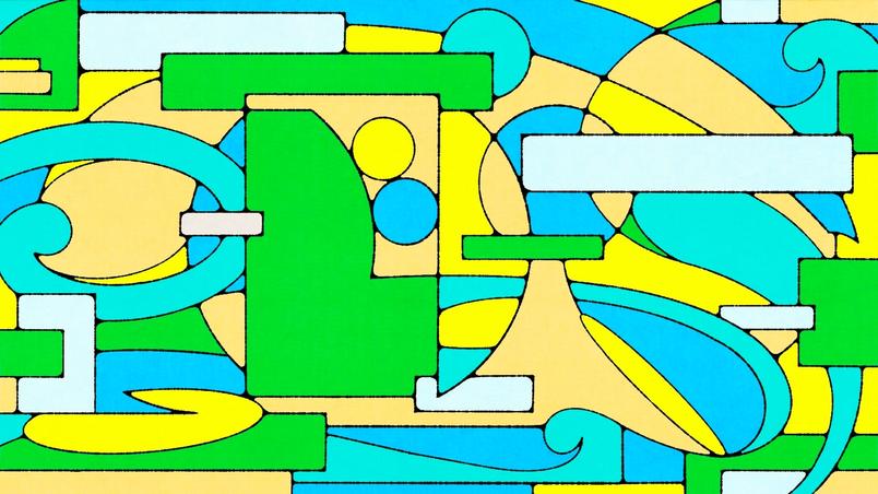 Obra de arte geométrica abstracta con formas, remolinos y rectángulos superpuestos en verde, amarillo y azul.