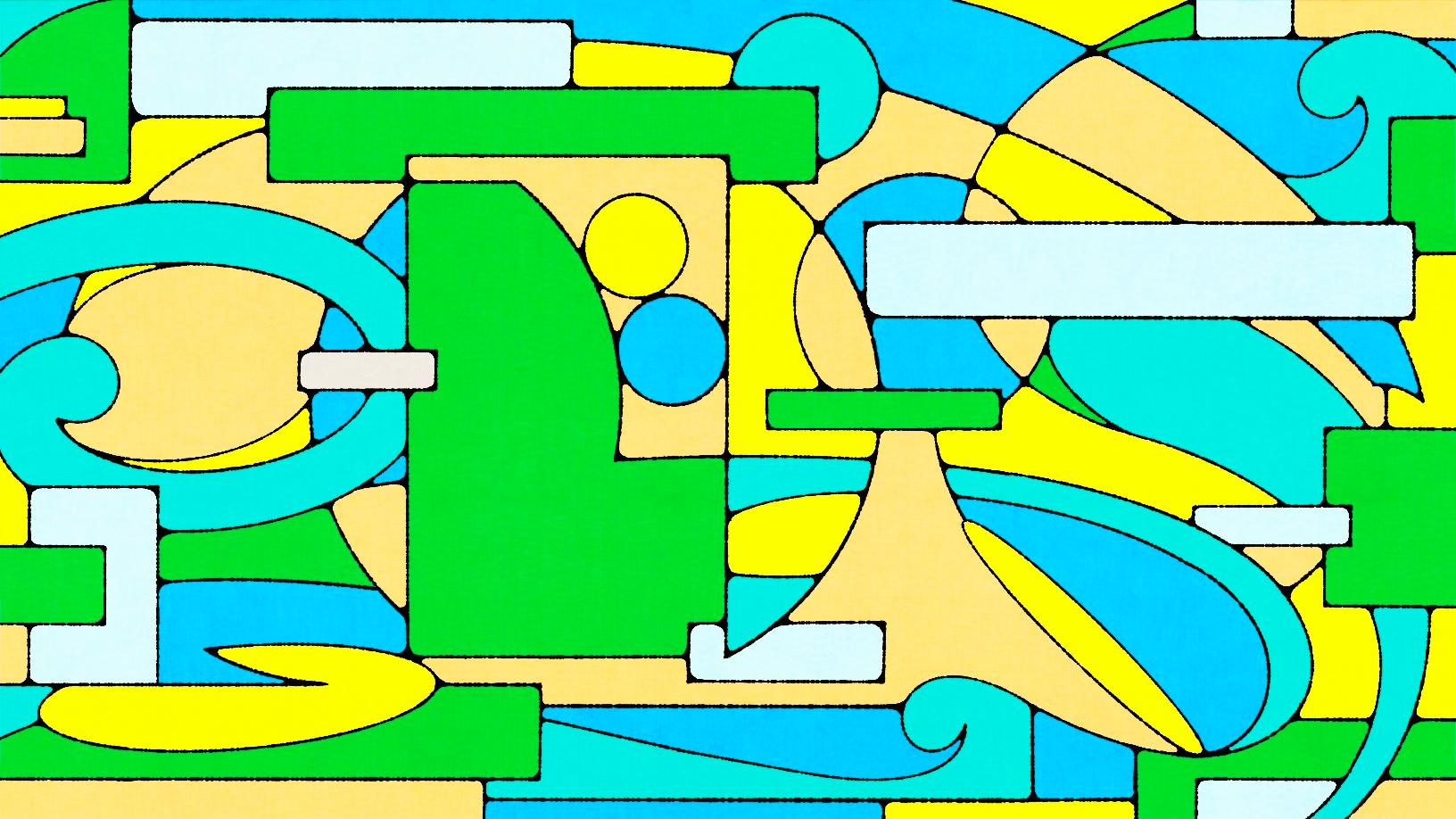 Abstract geometric artwork with overlapping green, yellow, and blue shapes, swirls, and rectangles.
