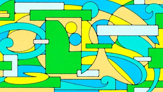 Abstract geometric artwork with overlapping green, yellow, and blue shapes, swirls, and rectangles.
