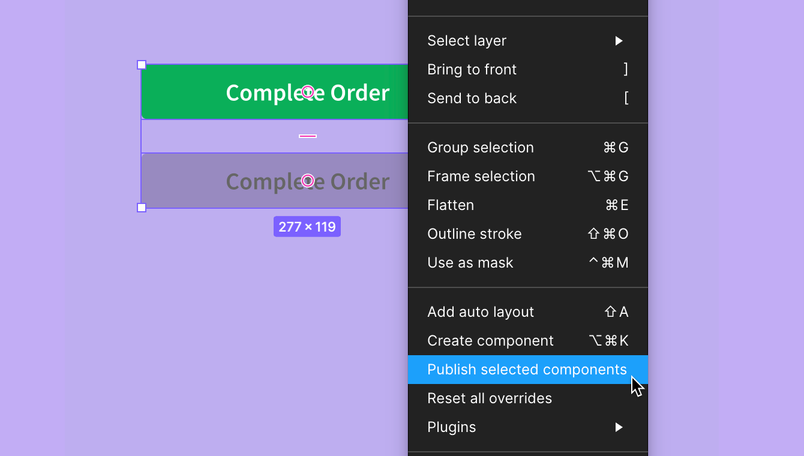 Two Figma components with a right click menu allowing to publish them directly