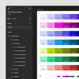 Figma’s color palette generator crafts harmonious color combinations. Start with a single hue or random selection, then shuffle through different color schemes to find the perfect palette.