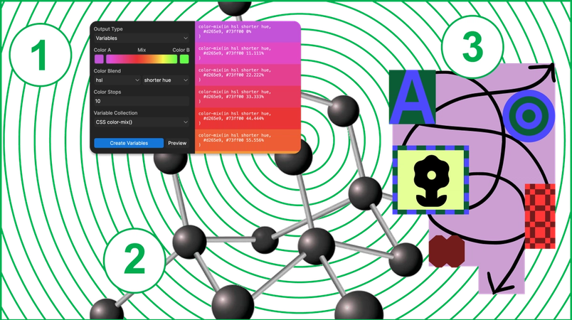 1) UX of a color gradient plugin, 2) a structure made of spheres and rods, 3) an illustration of various shapes connected by a double-ended arrow