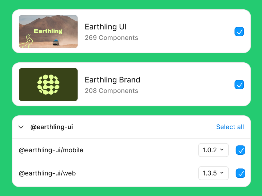 Figma Make Kits interface showing three selectable design libraries — Earthling UI (269 components), Earthling Brand (208 components), and versioned npm packages for mobile and web — all marked as selected with blue checkmarks