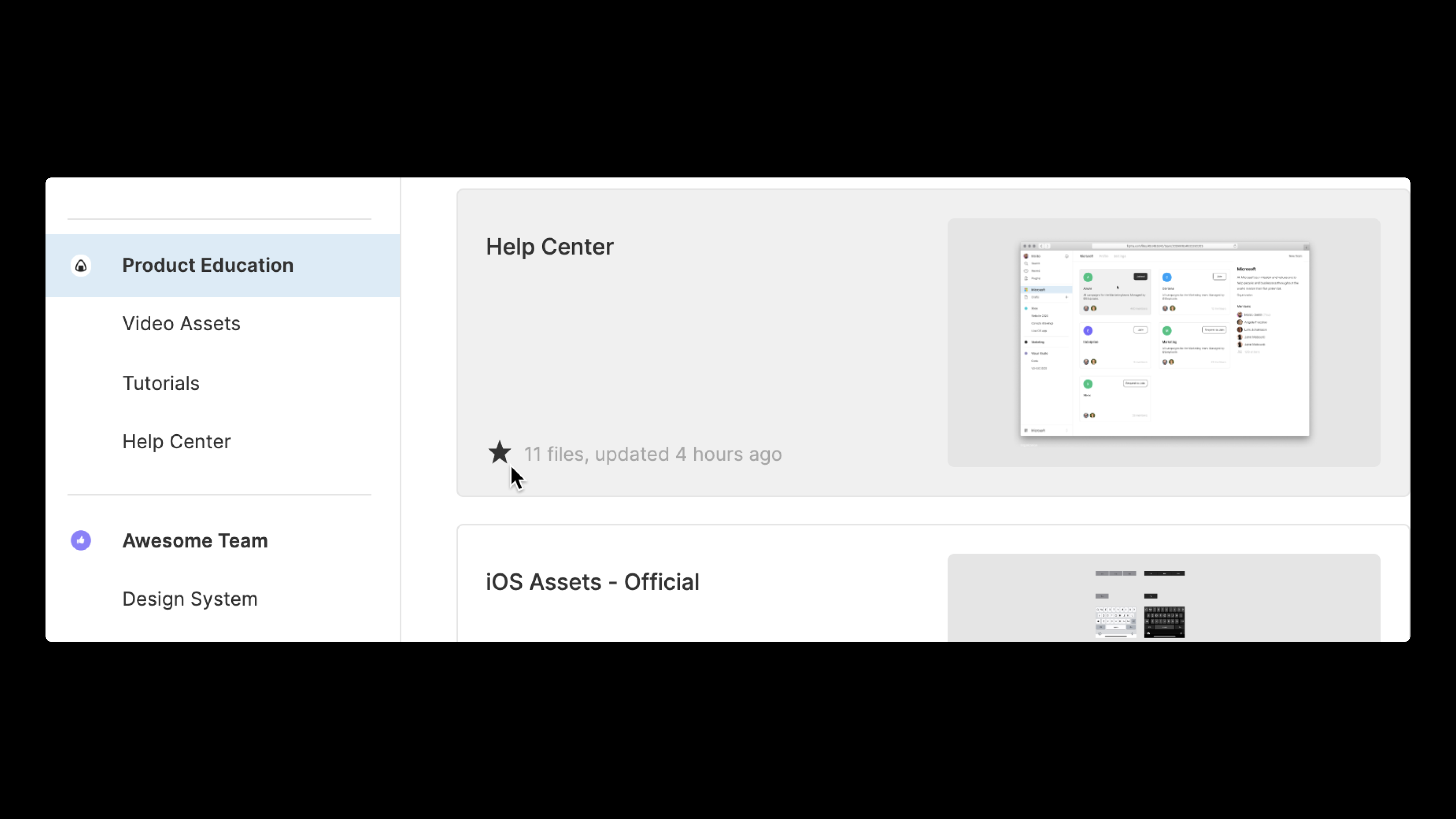 A screenshot of the Figma file browser, focusing on a project view. There is a mouse hovering over the "Favorite" icon within projects.