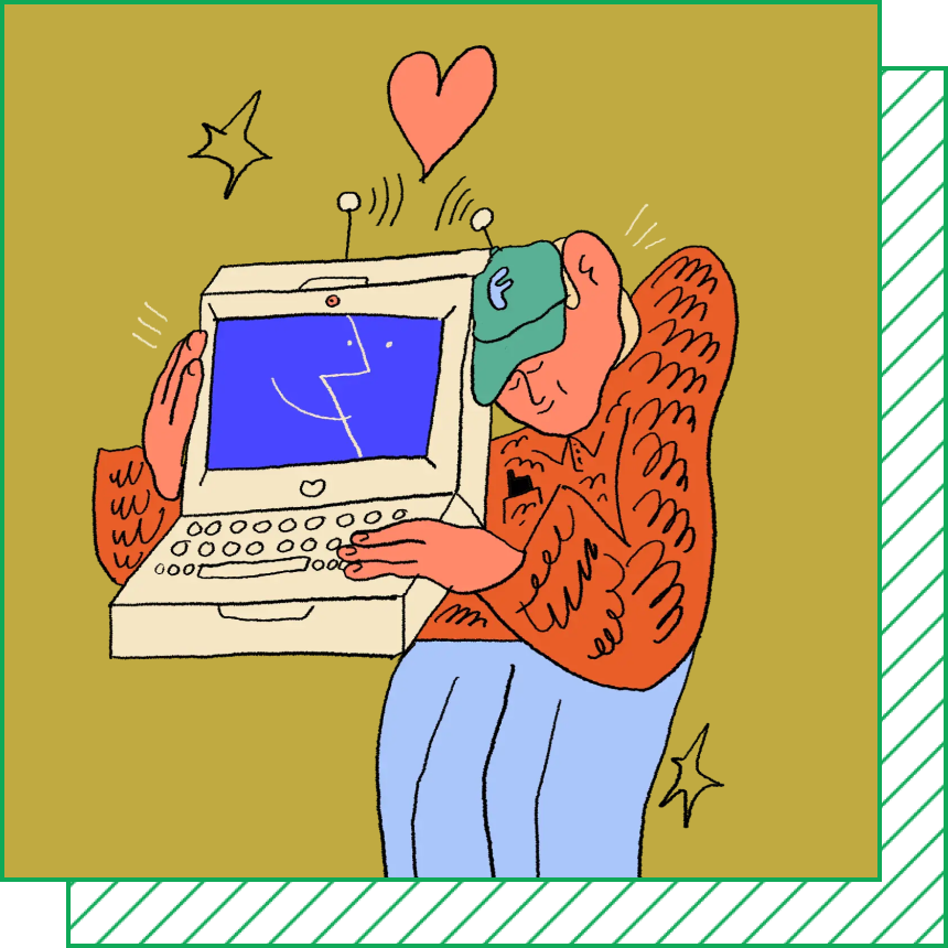 A hand-drawn illustration of a person hugging an old desktop computer with a red heart above their head.