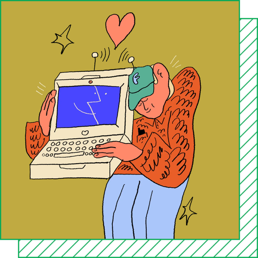 A hand-drawn illustration of a person hugging an old desktop computer with a red heart above their head.