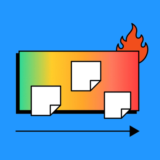 rectangle with a color gradient from green to red and a flame behind the red portion