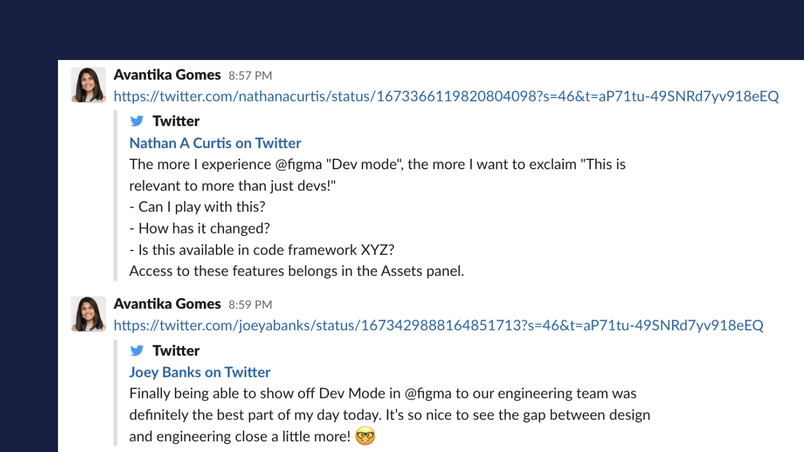 Screenshot of Twitter feedback about Dev Mode posted in Slack