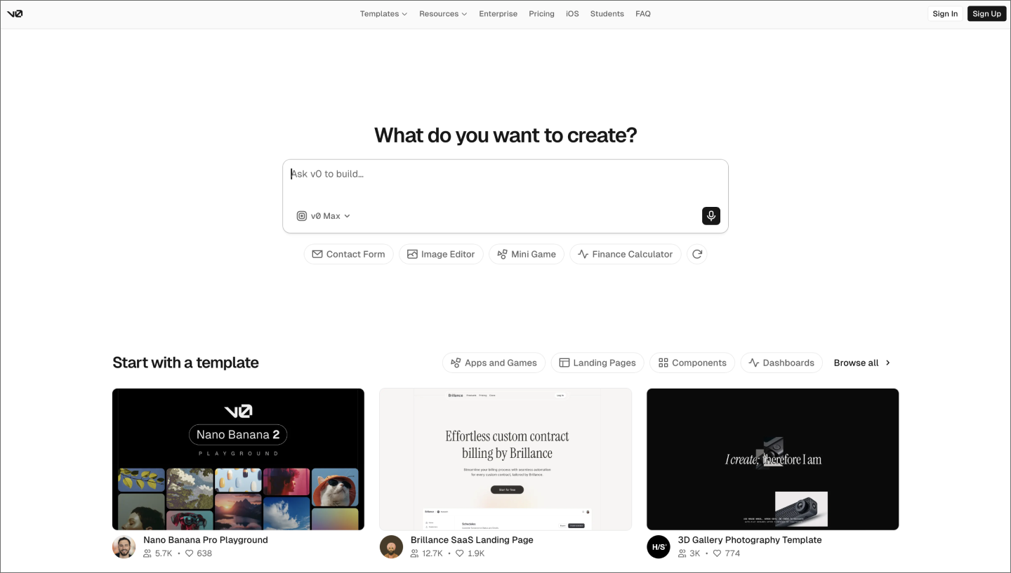 v0 by Vercel homepage, showing the AI prompt box.