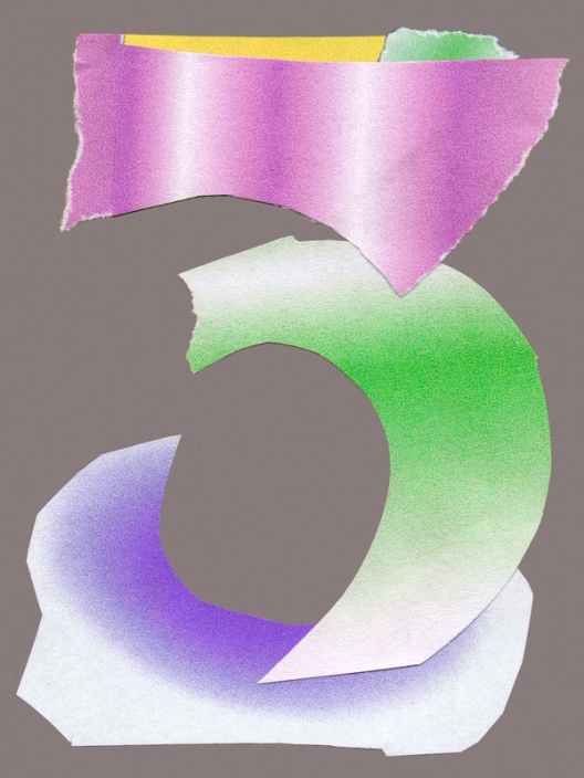 A collage of colored shapes make up the number 3 against a gray background