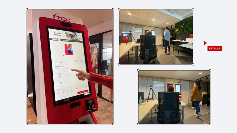 En plus des canaux Web et mobiles, l'équipe de design de Free est chargée de créer des interfaces pour les kiosques en magasin. Figma leur permet de réaliser des prototypes directement à l'écran.