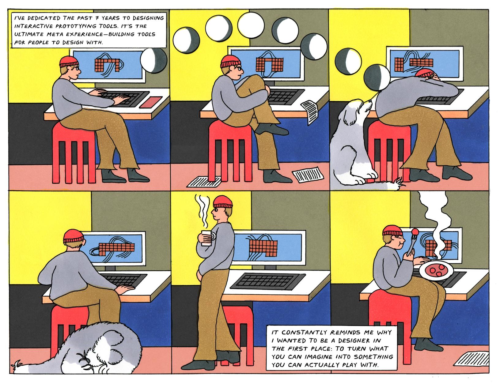A designer works, rests, and reflects at their desk with a loyal dog nearby while thinking about building interactive prototyping tools.