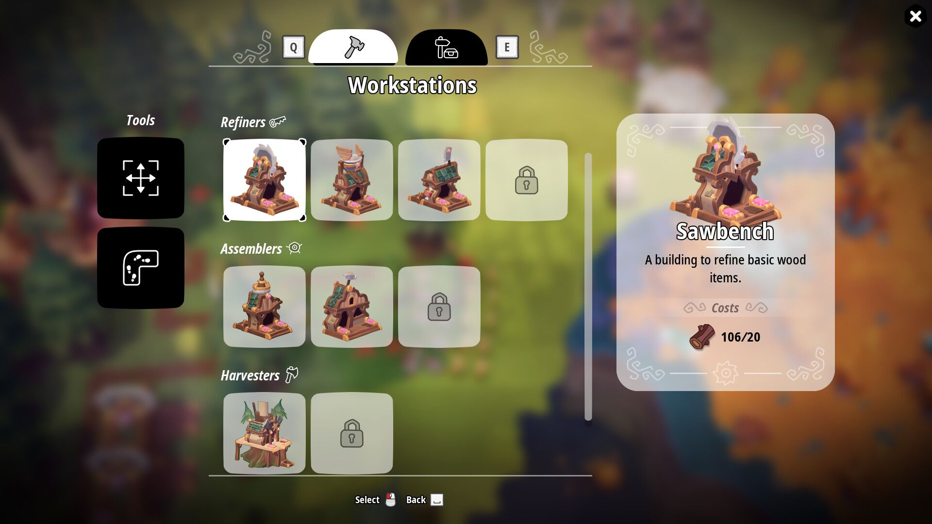 A Workstations menu showing Refiners, Assemblers, and Harvesters, with Sawbench selected and resource cost displayed.