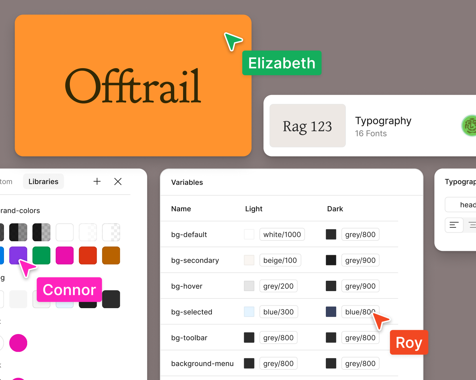A shared design library showing brand color swatches, a variables table of light and dark token values, and typography styles, with several teammates' cursors on the file.