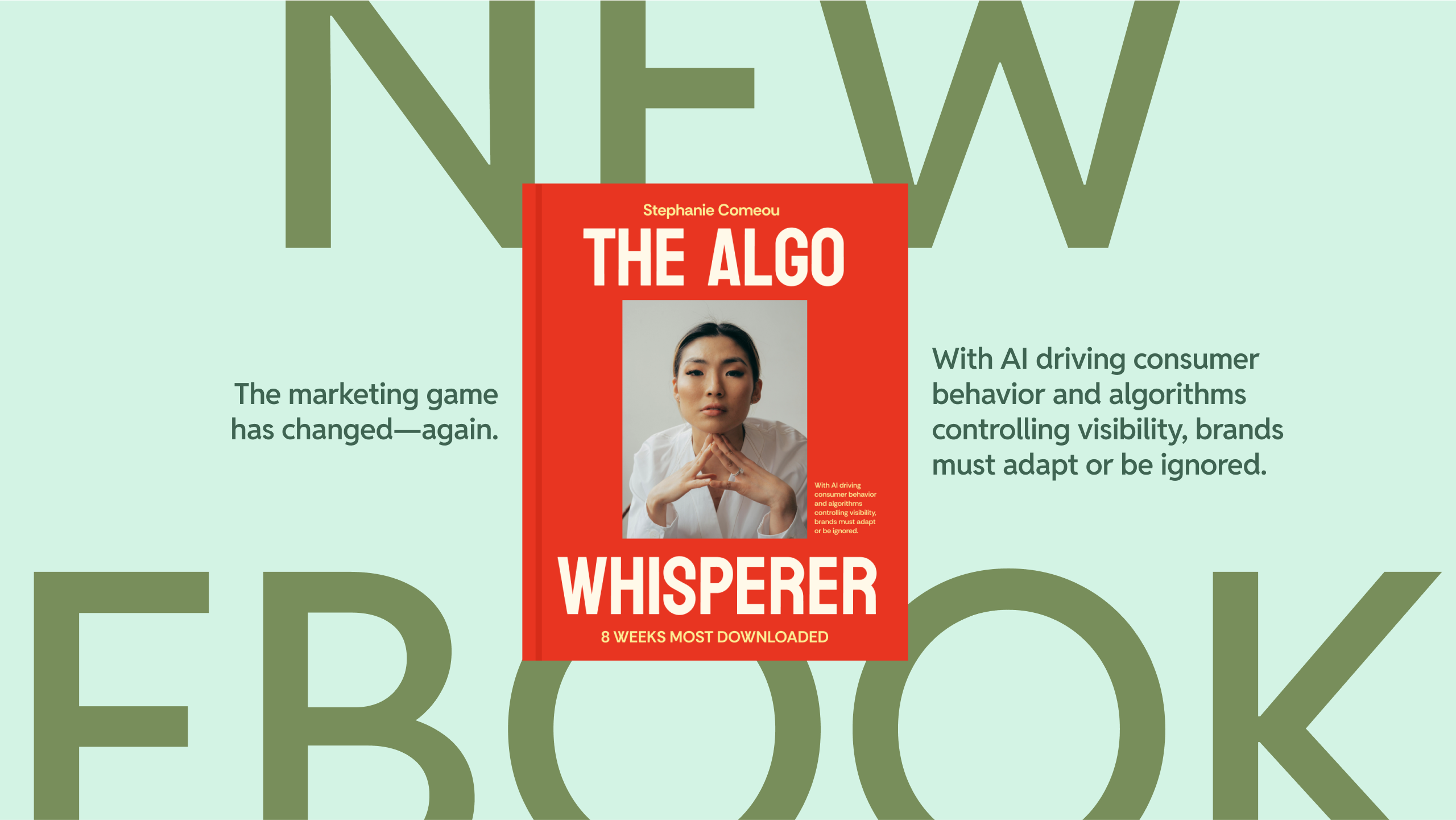 Promotional post for an e-book called "The Algo Whisperer" with a red book cover on a pale green background