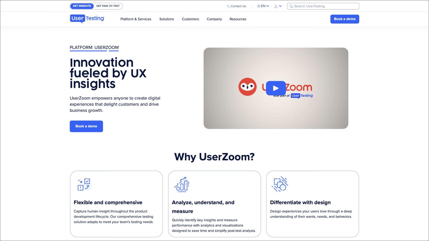 Screenshot of the UserZoom home page.