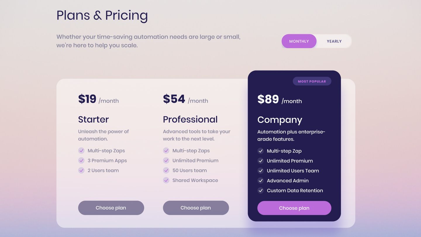 Pricing page template with a light gradient background and a dark purple Most Popular plan card.