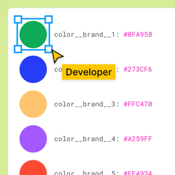 A developer cursor selecting a green circle and viewing hex codes for brand colors in a design system library.