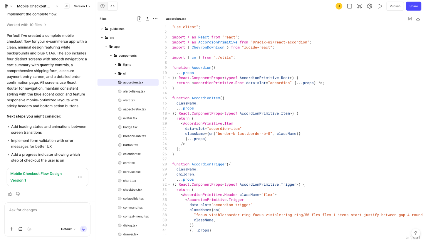 Figma Make code panel open alongside a mobile checkout flow prototype, showing code output for a selected element.