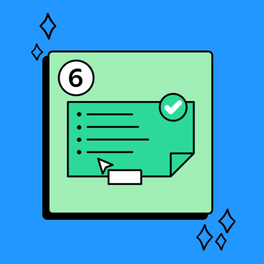 green square with several bullet points of placeholder text and the number six