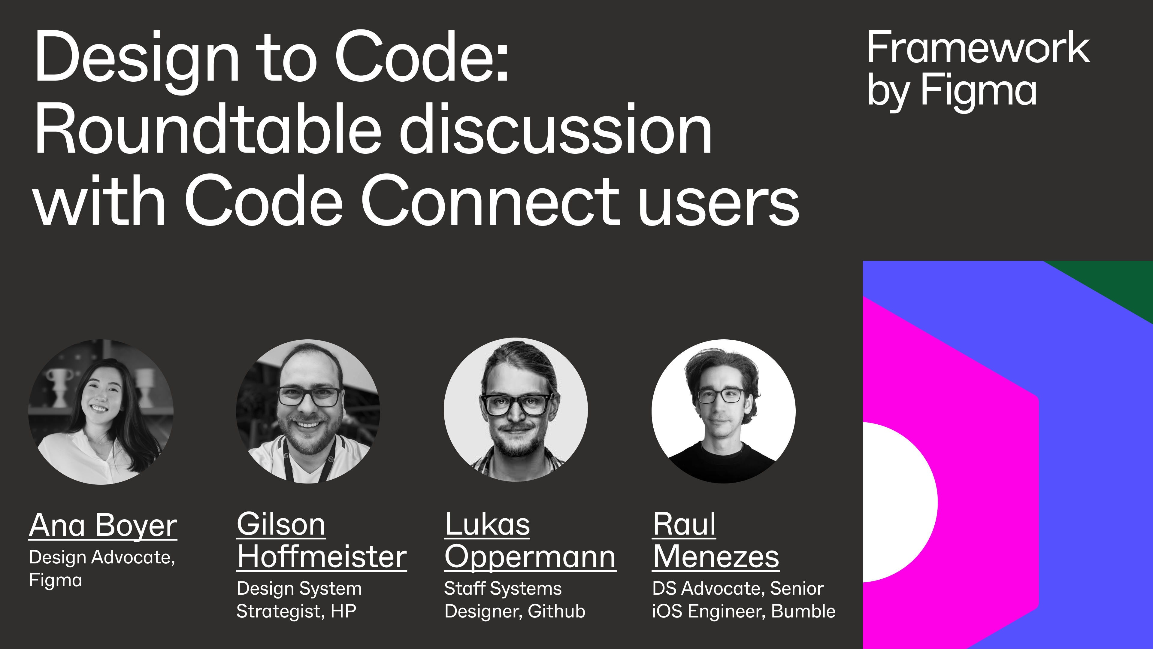 A title card with "Design to Code: Roundtable discussion with Code Connect users" text, showing portraits and names of Ana Boyer from Figma, and Gilson Hoffmeister, Lukas Oppermann, and Raul Menezes from other companies.