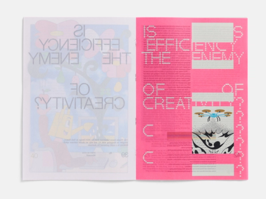 A spread from a magazine featuring a mix of text and graphics printed on vellum. The right page has a hot pink background with pixelated header text.