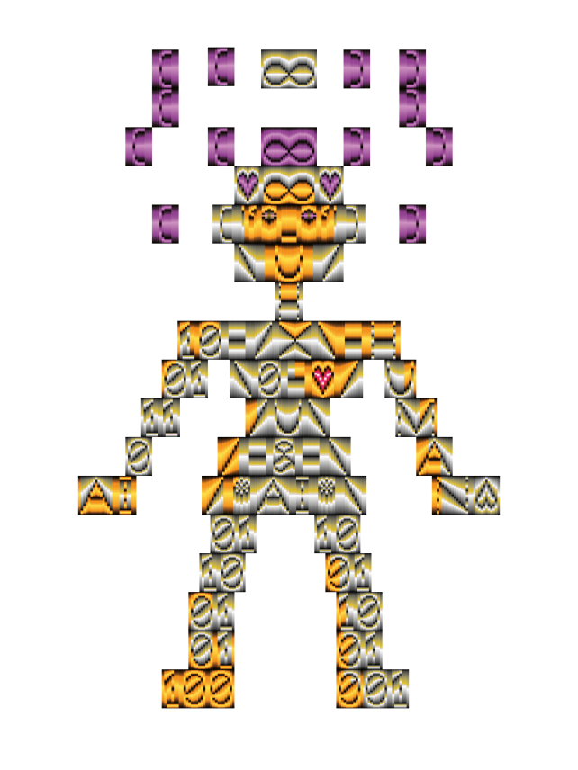 A digital illustration depicts a stylized human figure made entirely of various geometric symbols and icons. The figure is composed of a mix of yellow, orange, and silver shapes, with purple accents for the hair. The design includes symbols like infinity signs, hearts, and arrows, giving the figure a playful and abstract appearance against a black background.