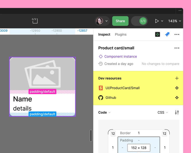 A Figma file with highlighting over the "Dev resources" section.