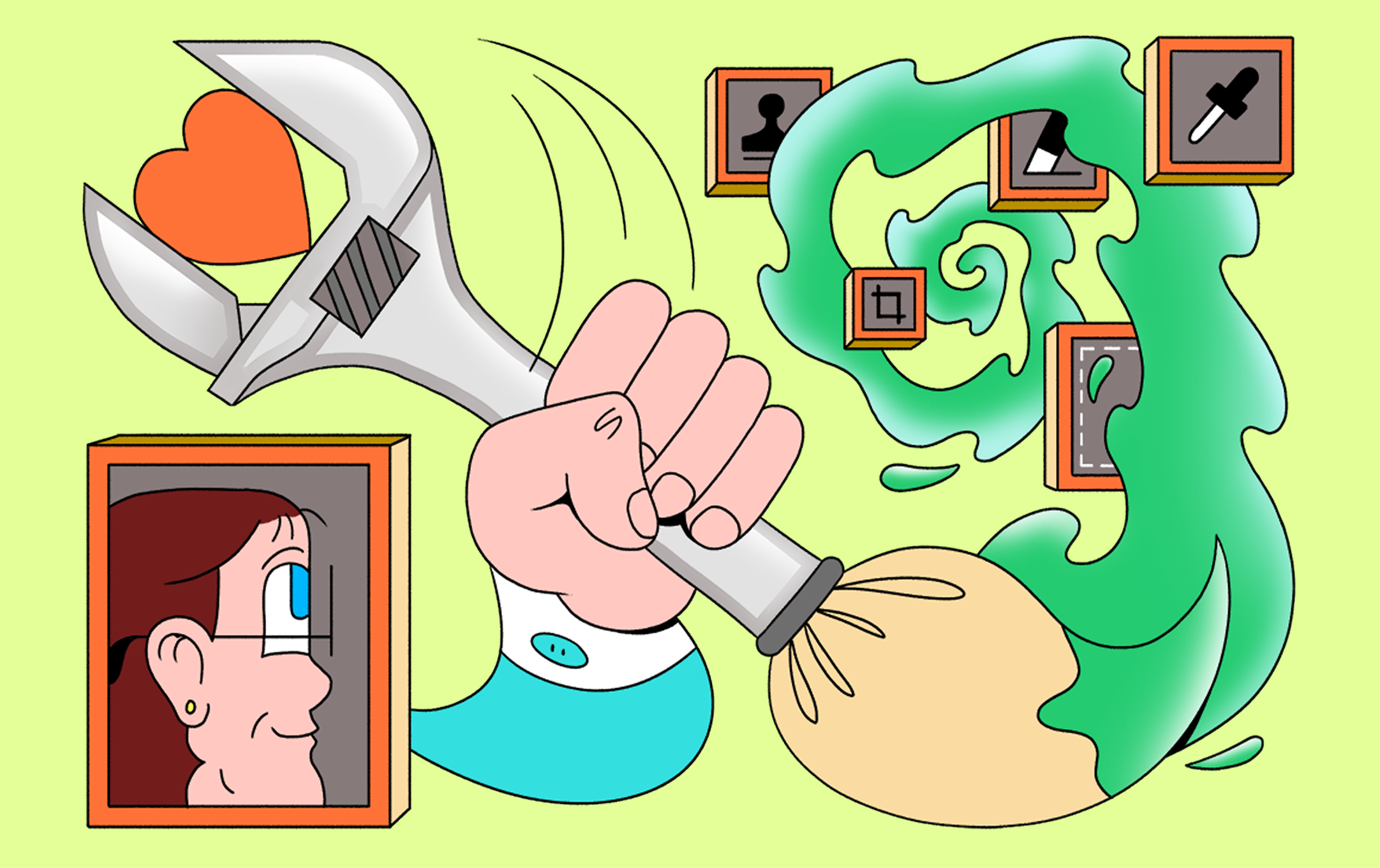 Cartoon hand grips a wrench holding a heart, beside a framed woman’s portrait, design icons in green swirl.