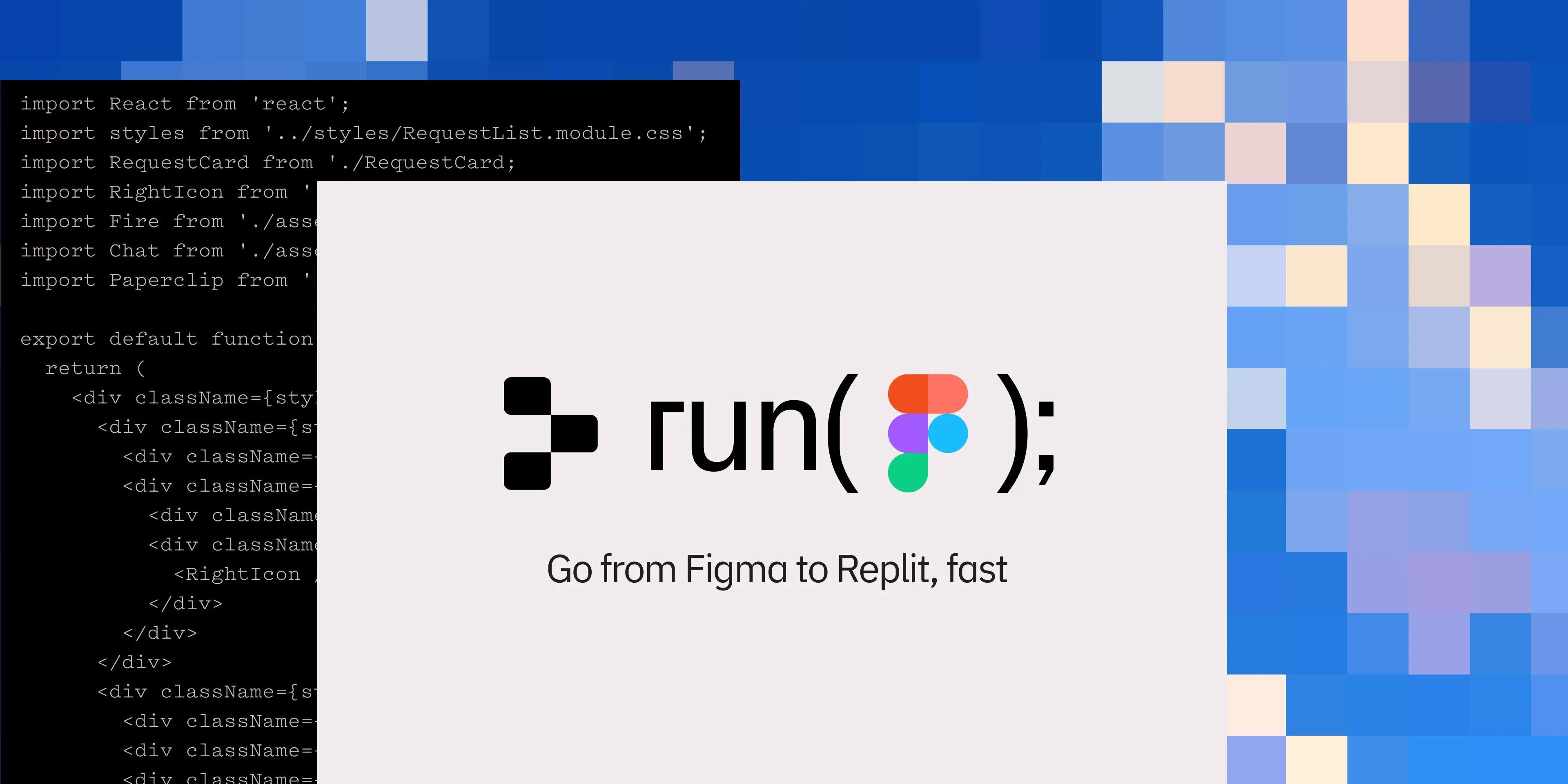 The Replit and Figma logo in front of an abstracted image of lines of code.