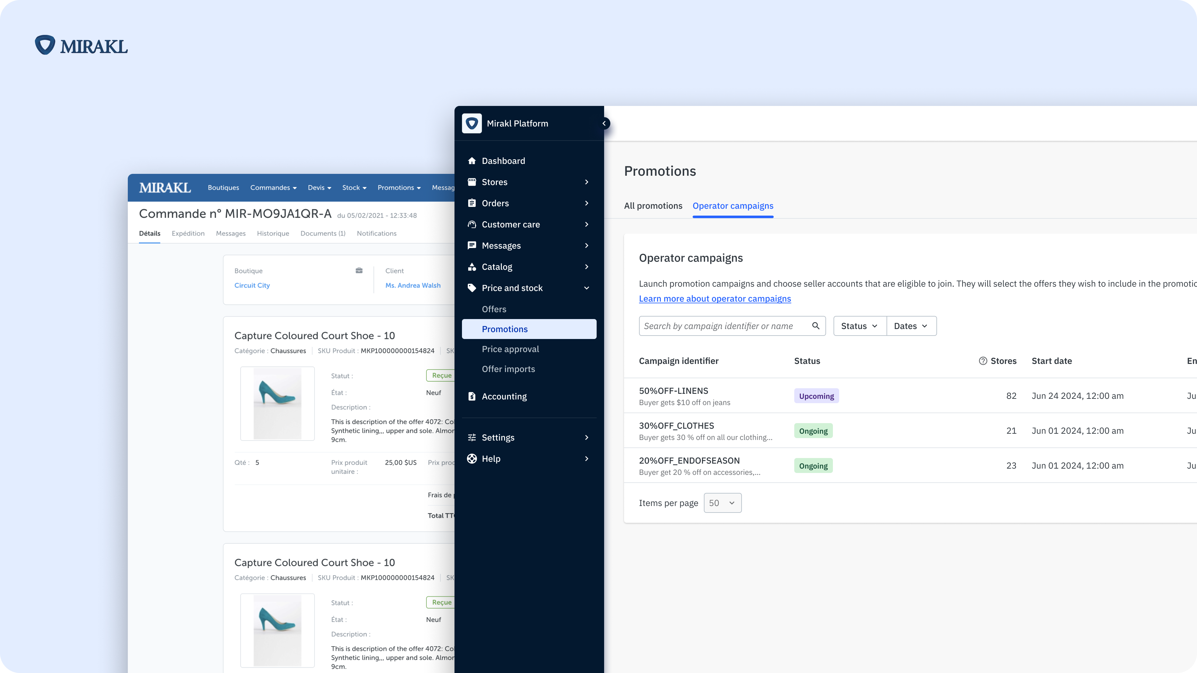 Image à fond bleu pâle présentant deux captures d’écran de produits numériques Mirakl. Un logo Mirakl se trouve en haut à gauche de l’image.