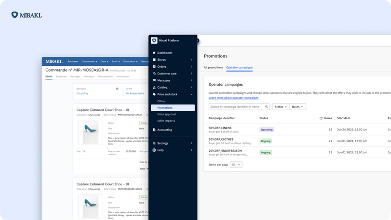 Image à fond bleu pâle présentant deux captures d’écran de produits numériques Mirakl. Un logo Mirakl se trouve en haut à gauche de l’image.