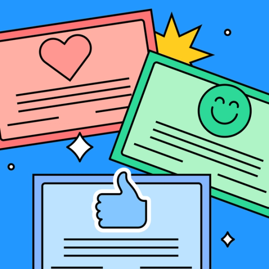 three certificates with a heart, smiley, and thumbs up emojis